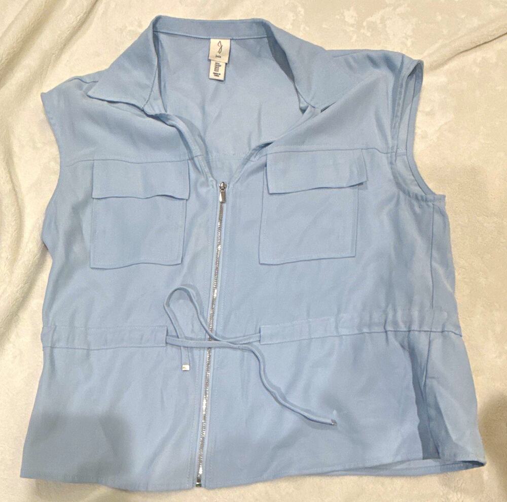 Joie Women’s Blue Solid Twill Collared Sleeveless Zip Vest Pockets S ST70906CHU